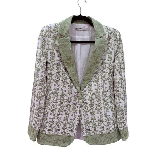 Alice + Olivia Macey Embroidered Cotton Linen Blazer Republic Geo Green Size 2 - Picture 6 of 16